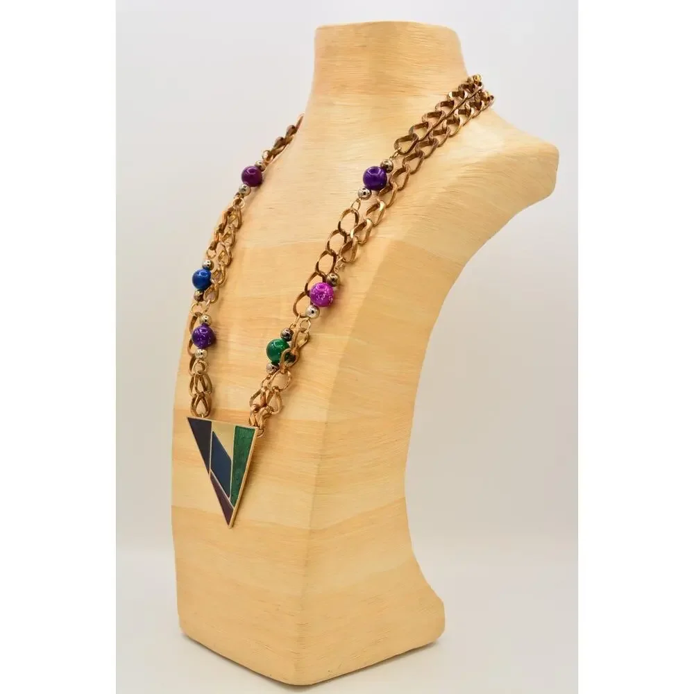 Vintage Multicolor Enamel Geometric Triangle Statement Necklace Gold Beaded BinY
